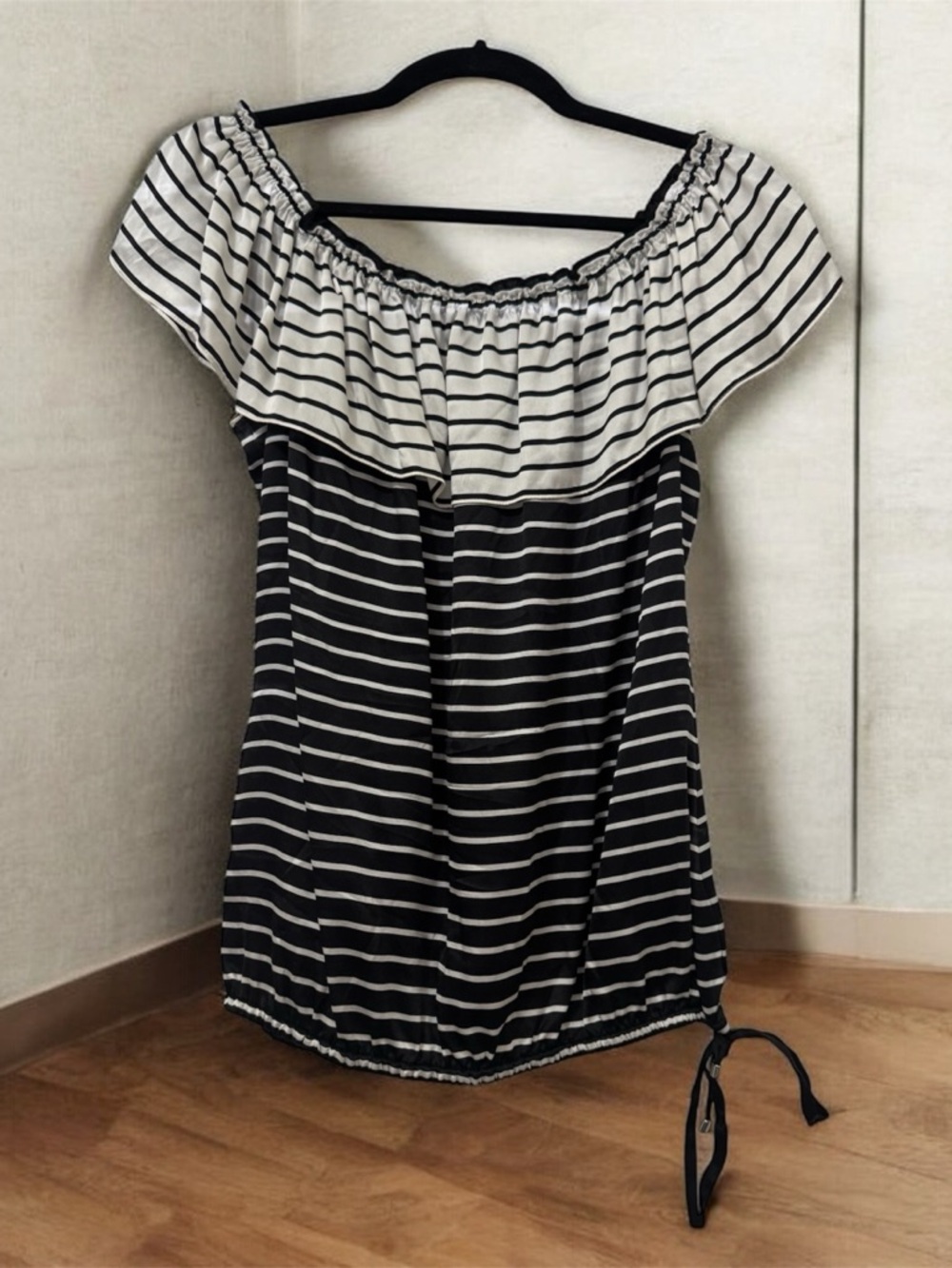 White House Black Market Black & White Striped Off-Shoulder Tunic